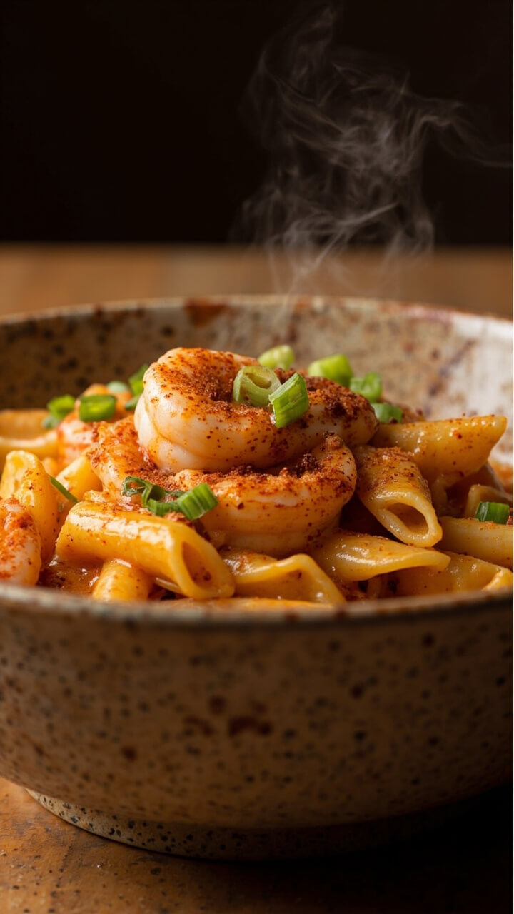 A speckled pasta bowl full of penne tossed in creamy, orange-hued Cajun sauce, shrimp curled on top, sauce pooling at the bottom. Chopped green onions and a pinch of smoked paprika are sprinkled over. A speckled pasta bowl full of penne tossed in creamy, orange-hued Cajun sauce, shrimp curled on top, sauce pooling at the bottom. Chopped green onions and a pinch of smoked paprika are sprinkled over.