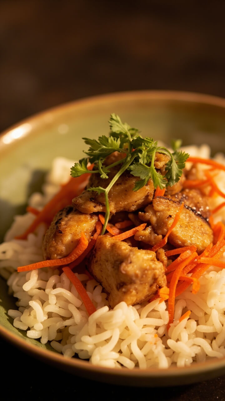 A shallow bowl filled with steamed white rice, topped with golden-brown grilled lemongrass chicken pieces, shredded pickled carrots, and a few cilantro sprigs.