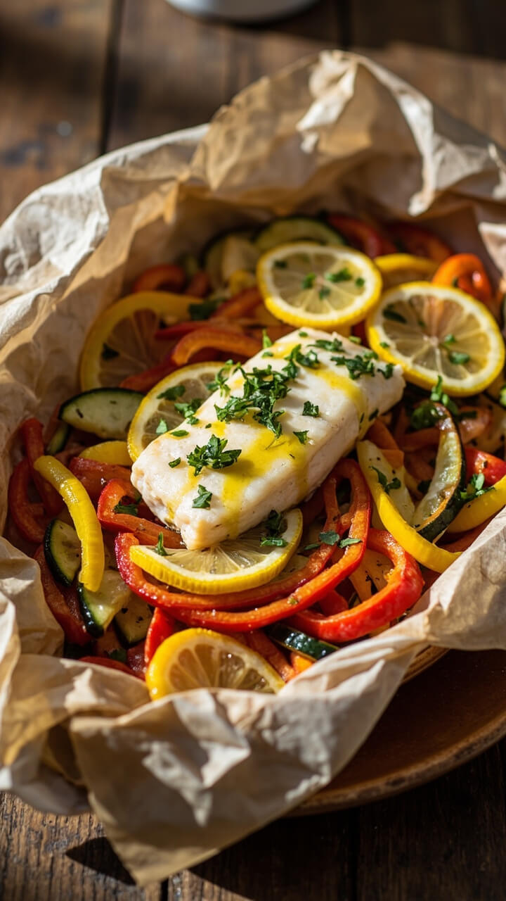 A parchment packet opened on a plate, revealing a cod fillet nestled with thin-sliced bell peppers, zucchini, and lemon wheels, sprinkled with chopped parsley and glistening with a little olive oil.
