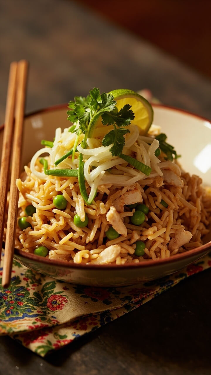 A mound of golden fried rice flecked with chunks of white crab, peas, egg, and green onions, served in a shallow bowl. A wedge of lime and a sprinkle of fresh cilantro are on top. Chopsticks and a holiday napkin sit beside it. A mound of golden fried rice flecked with chunks of white crab, peas, egg, and green onions, served in a shallow bowl. A wedge of lime and a sprinkle of fresh cilantro are on top. Chopsticks and a holiday napkin sit beside it.