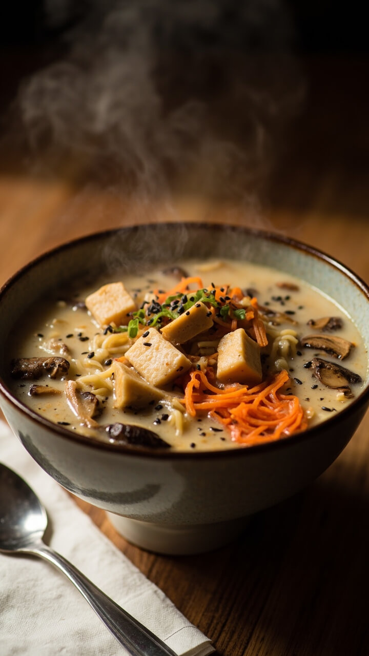 A deep ceramic bowl filled with ramen in a creamy pale miso broth, topped with golden-brown tofu cubes, sautéed mushrooms, shredded carrots, and a scatter of black sesame seeds. A soup spoon rests on the napkin beside the bowl.