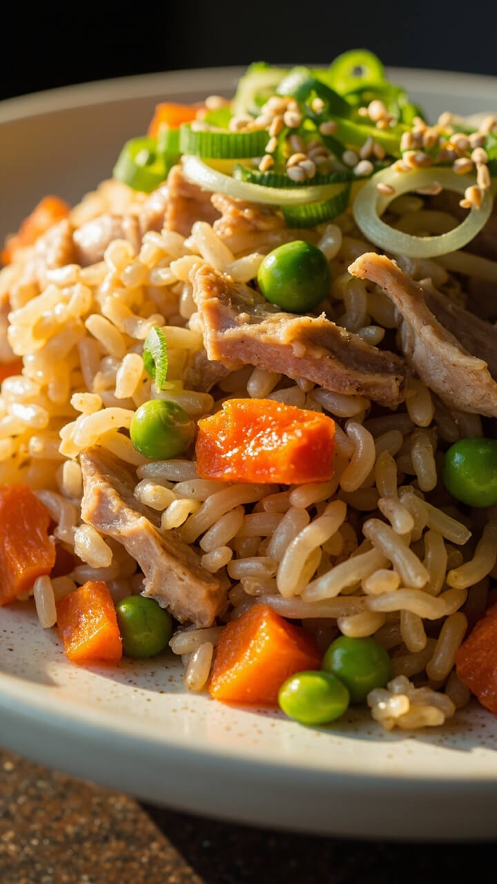A shallow bowl of colorful fried rice with flaked tuna, pops of green peas and diced carrot, finished with scallion rings and a sesame seed sprinkle.