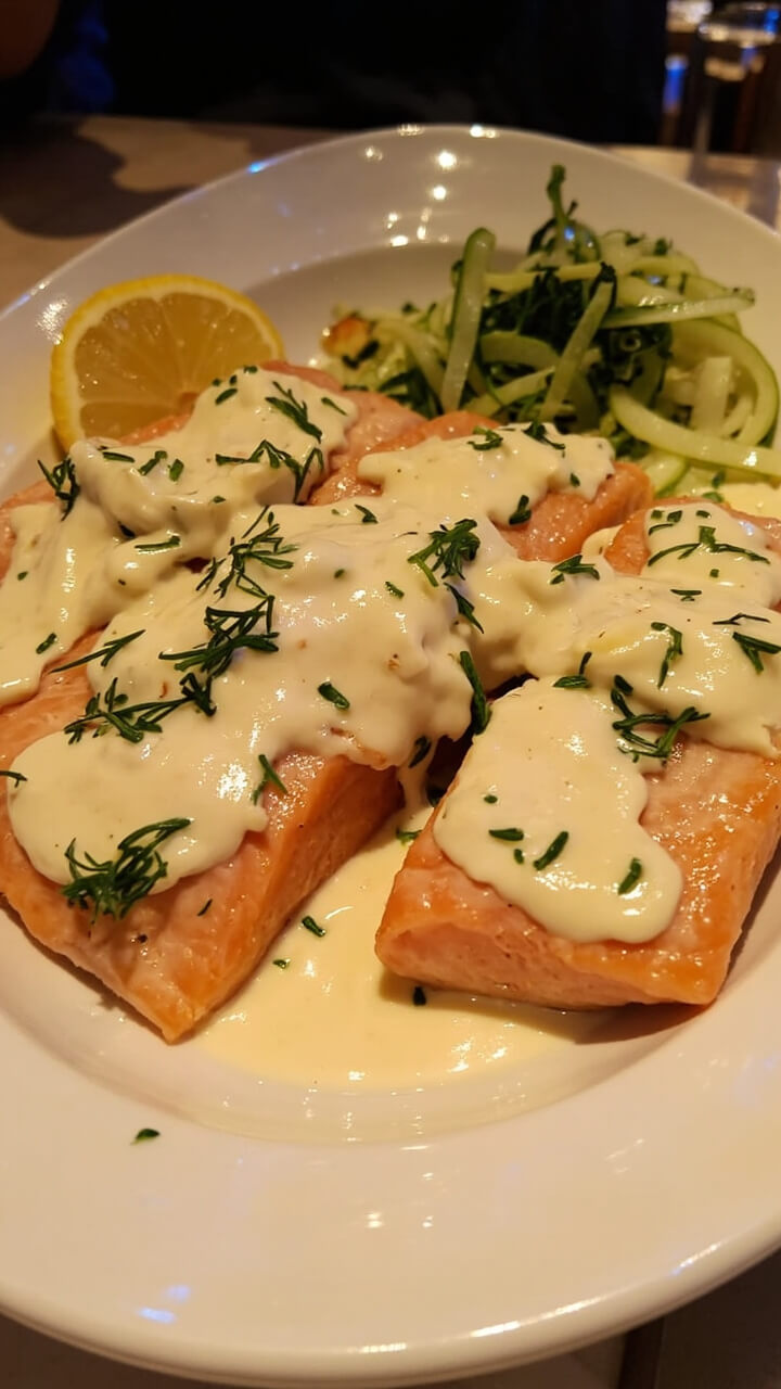 Salmon fillets topped with a creamy white dill yogurt sauce, served on a large platter with a pile of cucumber ribbons and a side of lemon slices. Salmon fillets topped with a creamy white dill yogurt sauce, served on a large platter with a pile of cucumber ribbons and a side of lemon slices.