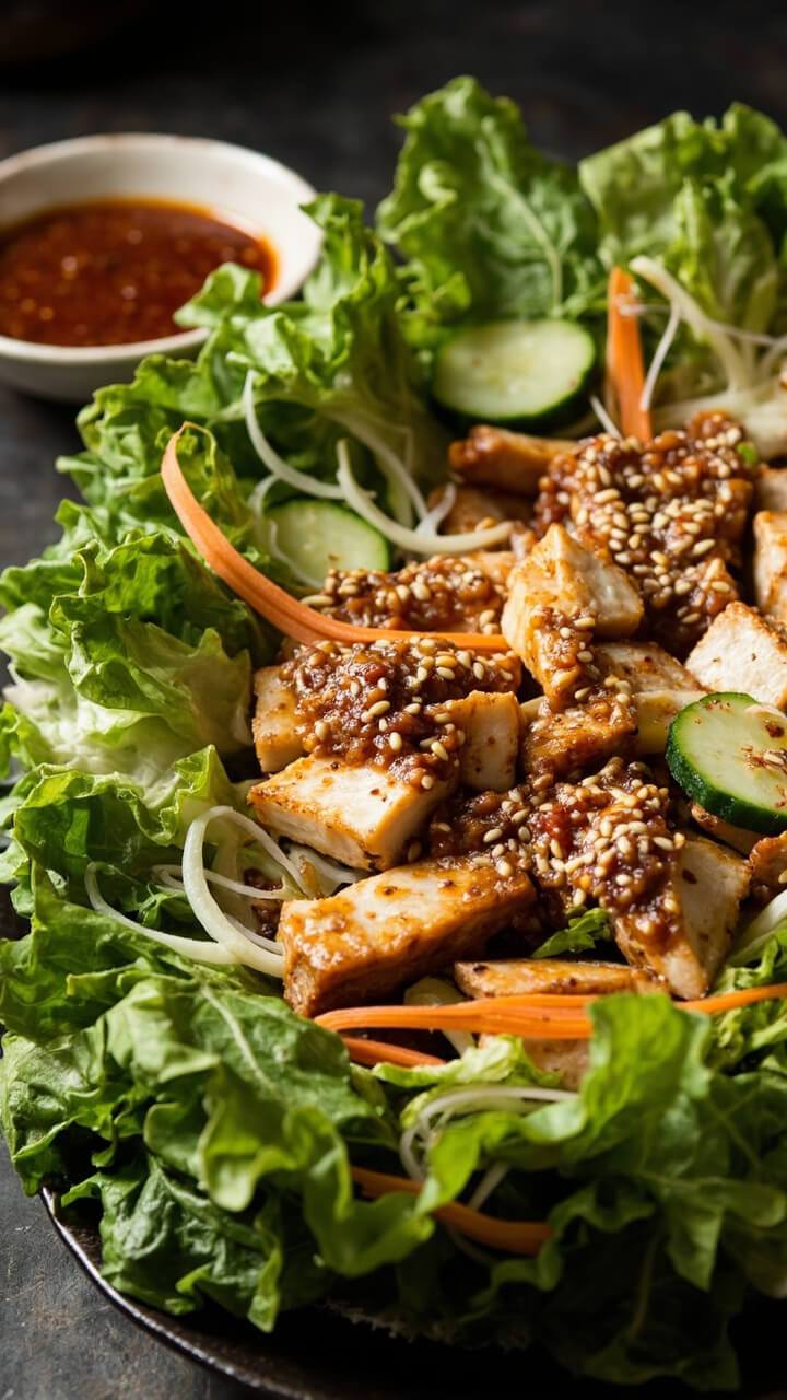 Large platter with vibrant butter lettuce leaves, saucy chunks of sautéed white fish, thinly sliced cucumber and carrot, with a sprinkle of sesame seeds and a bowl of soy-ginger dipping sauce.