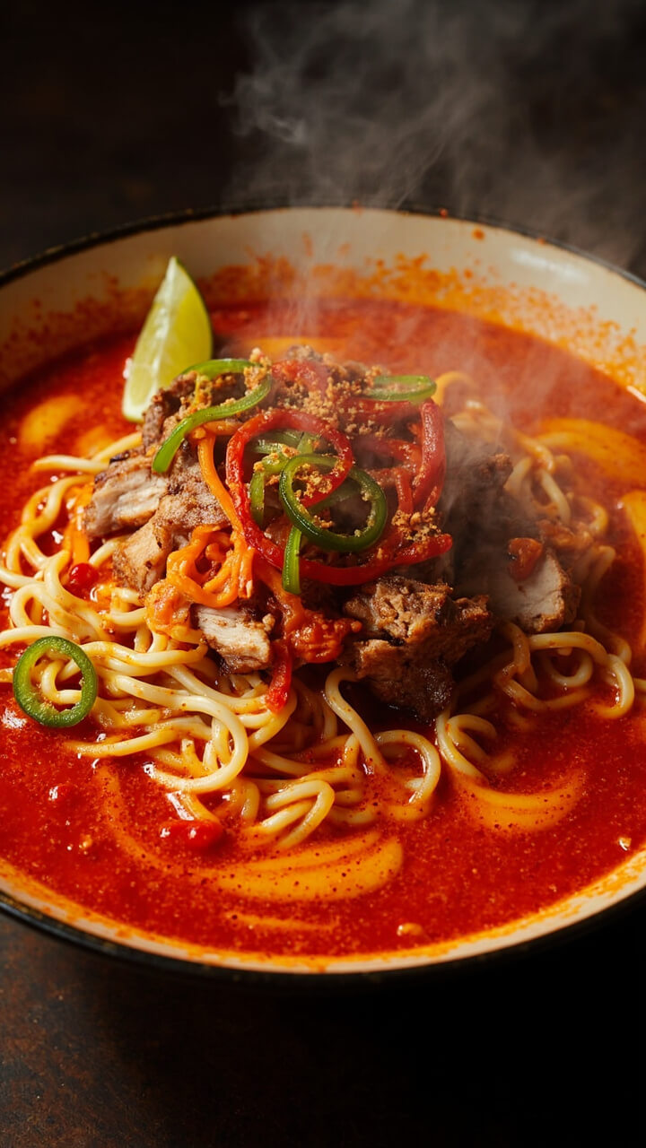 A large bowl brimming with fiery red broth, heaped with ramen noodles, shredded pork, tangles of kimchi, and a sprinkle of sliced jalapeños. Chili flakes dust the surface, and a lime wedge sits to the side.