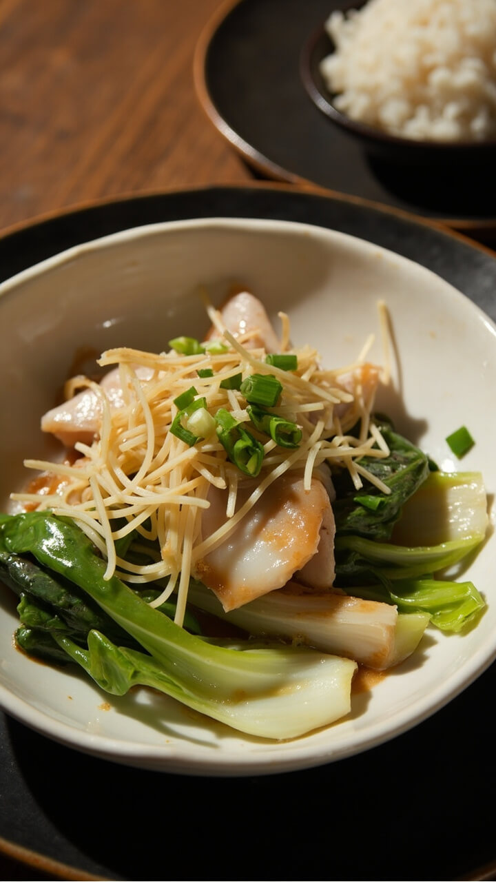 A shallow bowl with poached white fish fillets, bright green steamed bok choy, a drizzle of soy sauce, and a scattering of ginger and green onions. Steamed rice is mounded on the side. A shallow bowl with poached white fish fillets, bright green steamed bok choy, a drizzle of soy sauce, and a scattering of ginger and green onions. Steamed rice is mounded on the side.