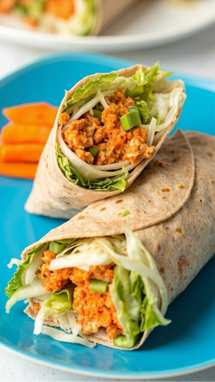 A soft whole wheat wrap tightly rolled around spicy orange-tinged tuna salad, flecks of green scallion, shredded lettuce, and slices of cucumber, sliced in half and arranged on a bright plate with a side of carrot sticks. A soft whole wheat wrap tightly rolled around spicy orange-tinged tuna salad, flecks of green scallion, shredded lettuce, and slices of cucumber, sliced in half and arranged on a bright plate with a side of carrot sticks.