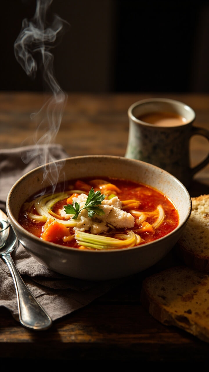 A wide, shallow soup bowl filled with a chunky tomato broth, flaky pieces of cod, sliced fennel, and bits of carrot. Topped with a few fresh parsley leaves, with a wedge of crusty bread on the side. The bowl is sitting on a linen napkin beside a steaming mug.