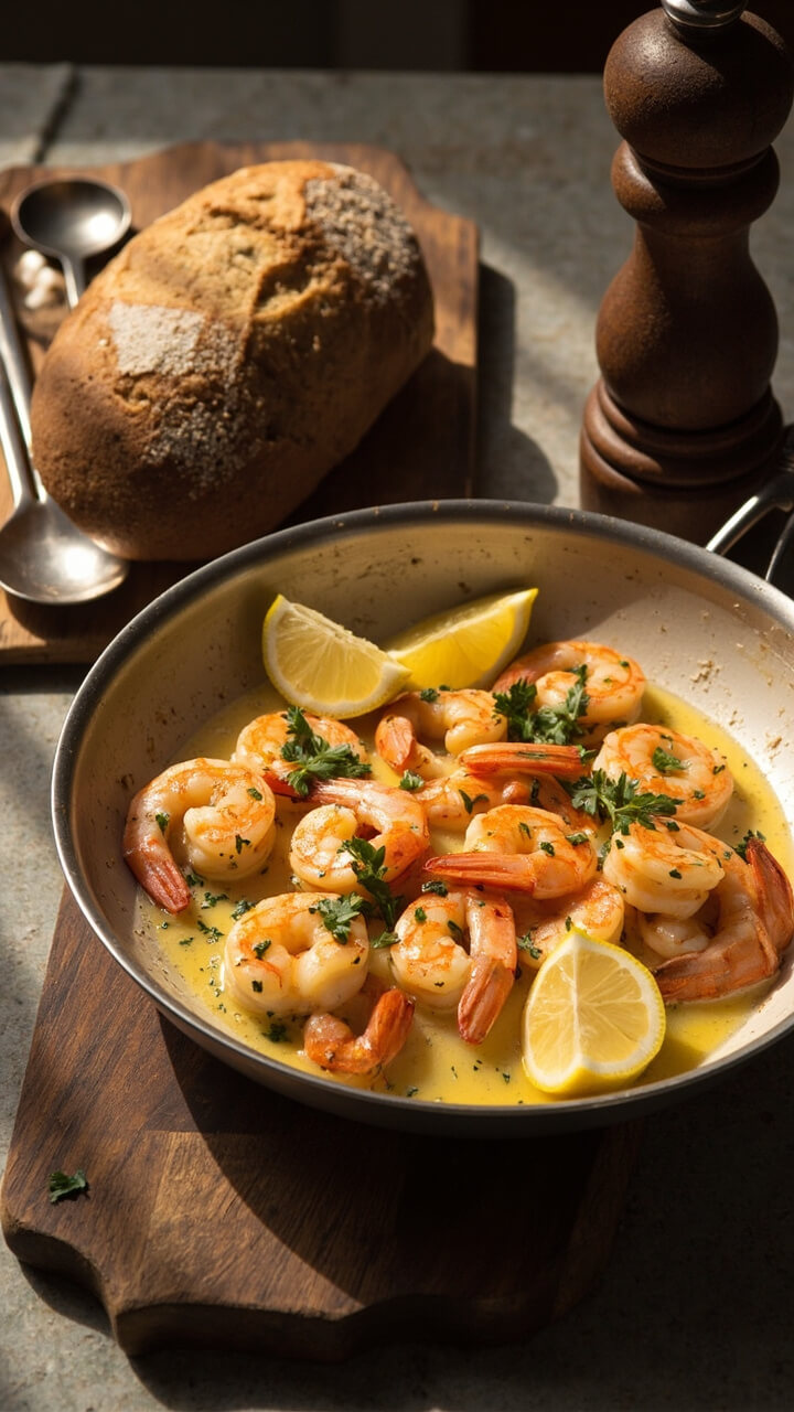 Golden shrimp coated in shiny garlic butter rest in a wide, shallow skillet, garnished with lemon slices and flecks of parsley. Spoons and a rustic loaf of bread are nearby, the butter pooling along the edges. The kitchen table is set simply, with a cracked pepper grinder in view.