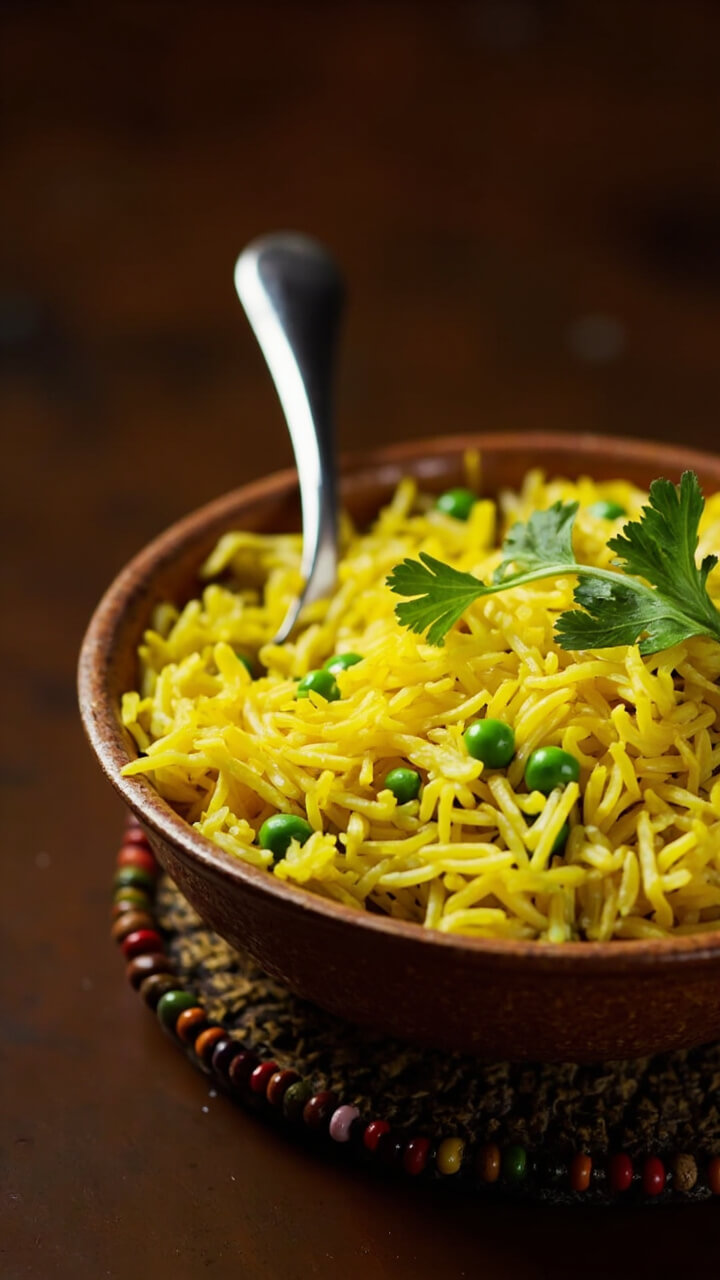 A shallow bowl of bright yellow rice, dotted with green peas and topped with a sprig of cilantro, sitting on a beaded wooden trivet with a spoon tucked to the side. A shallow bowl of bright yellow rice, dotted with green peas and topped with a sprig of cilantro, sitting on a beaded wooden trivet with a spoon tucked to the side.