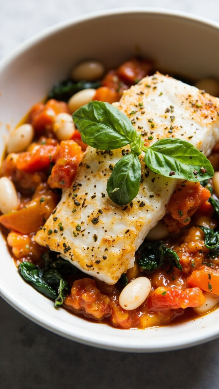A shallow white bowl with cod fillets nestled in a chunky tomato and white bean ragoût, flecked with spinach and finished with fresh basil. A shallow white bowl with cod fillets nestled in a chunky tomato and white bean ragoût, flecked with spinach and finished with fresh basil.