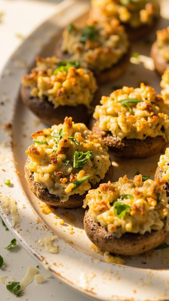 Plump mushroom caps filled generously with a golden, cheesy crab stuffing, sprinkled with herbs, and baked until lightly browned. Presented on a rustic white platter.