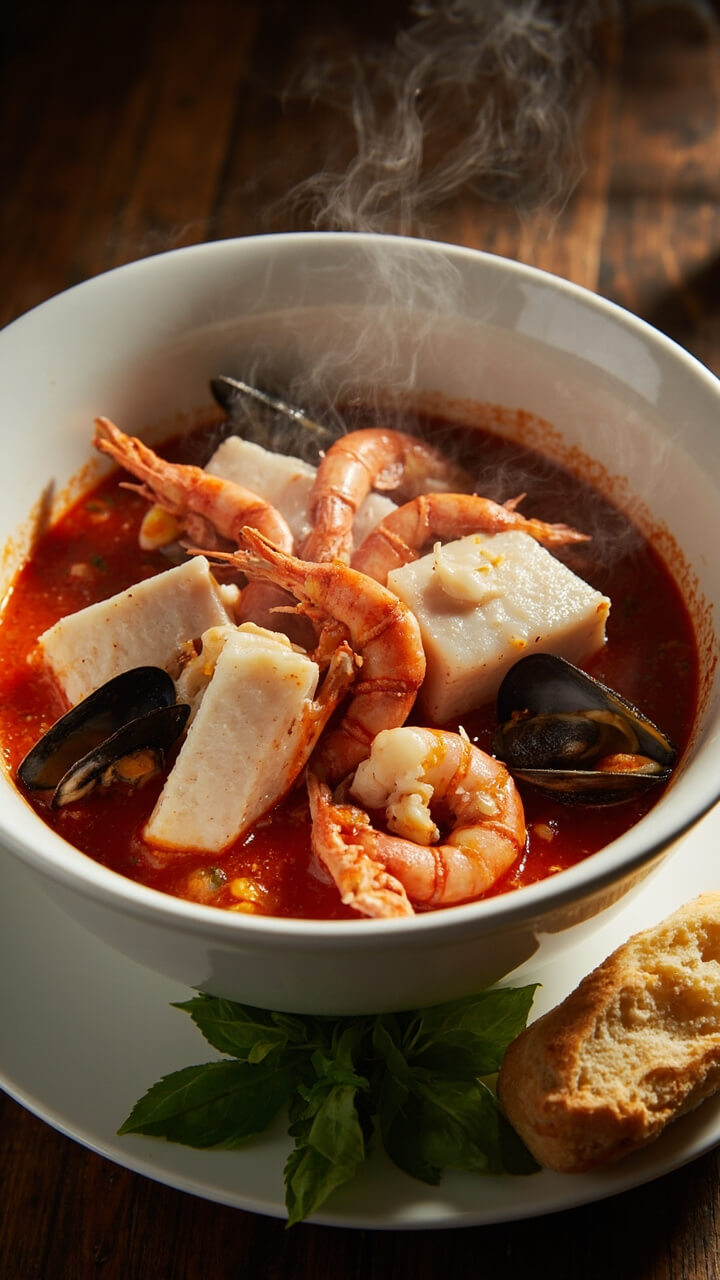 A large white bowl teeming with a chunky tomato broth, pieces of white fish, prawns, mussels, and crab legs. Fresh basil and crusty bread sit on the side.
