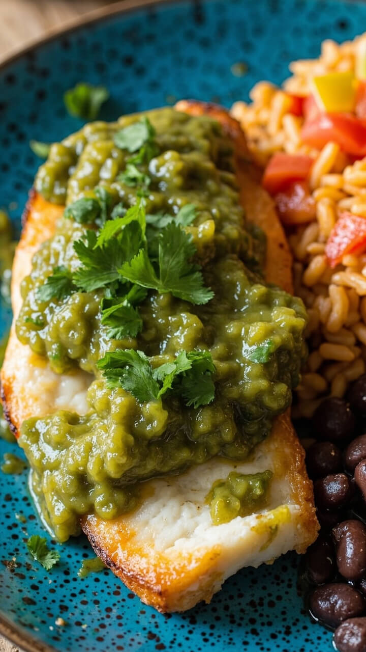 Catfish fillets covered with green salsa verde, scattered with chopped cilantro, served with a scoop of Mexican rice and black bean salad on a blue-speckled plate. Catfish fillets covered with green salsa verde, scattered with chopped cilantro, served with a scoop of Mexican rice and black bean salad on a blue-speckled plate.