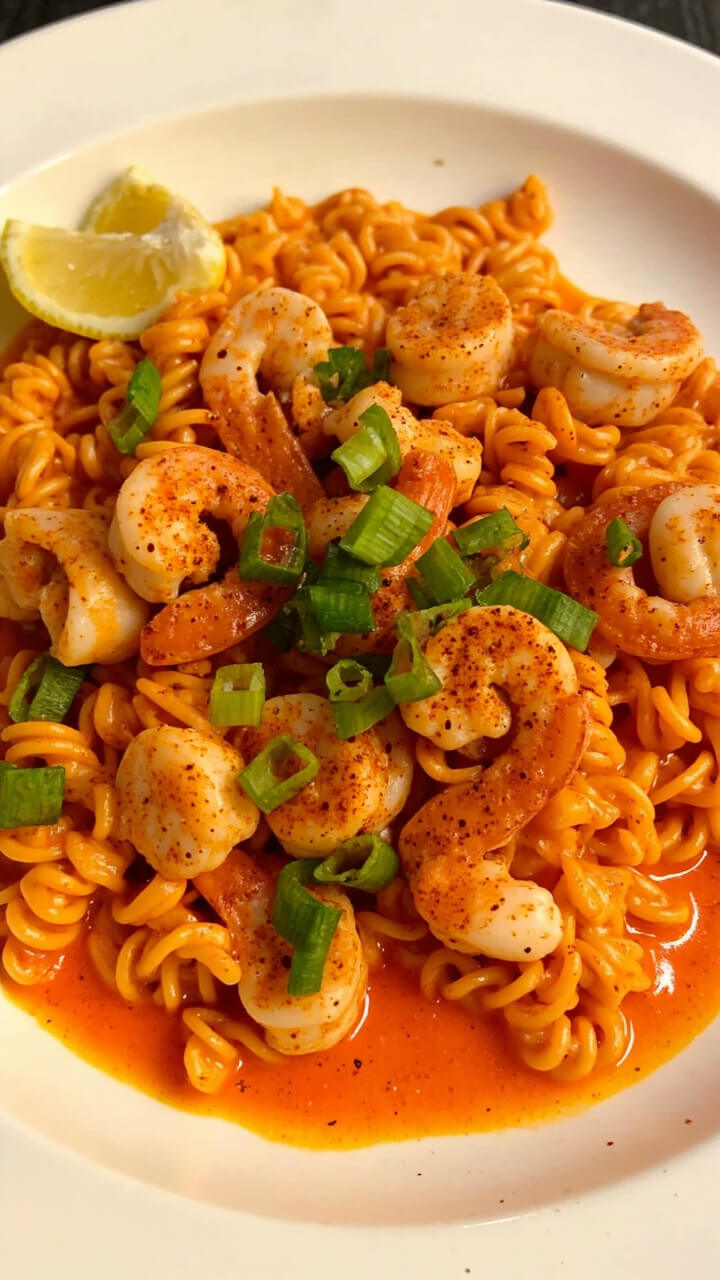 Twists of creamy pasta flecked with reddish-orange Cajun sauce on a rimmed plate, heaped with shrimp and scallops, piquant and glossy. Sliced scallions and a lemon wedge garnish the plate, with a little sprinkle of smoked paprika.