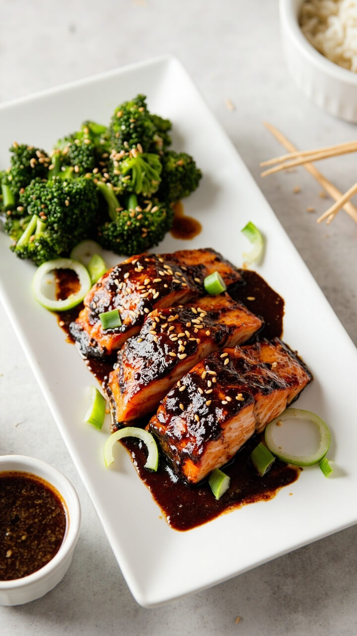 Salmon fillets with a glossy, dark miso glaze sit on a rectangular white plate. Steamed broccoli tossed with sesame seeds fills one side, and a small bowl of extra glaze sits nearby. Scattered scallion rings and white rice complete the scene. Salmon fillets with a glossy, dark miso glaze sit on a rectangular white plate. Steamed broccoli tossed with sesame seeds fills one side, and a small bowl of extra glaze sits nearby. Scattered scallion rings and white rice complete the scene.