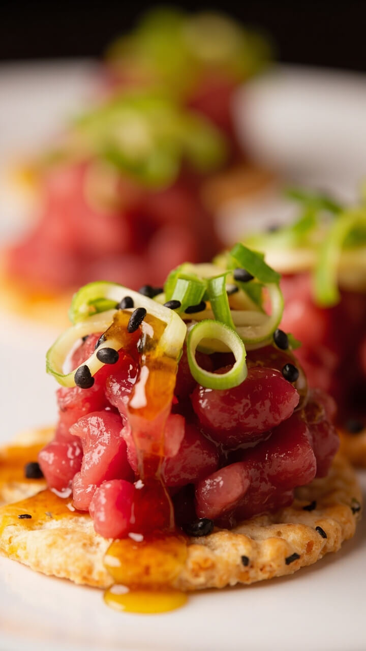 Neatly diced ruby red tuna tartare perched atop round sesame rice crackers, drizzled with soy dressing, topped with sliced scallions and tiny black sesame seeds. Neatly diced ruby red tuna tartare perched atop round sesame rice crackers, drizzled with soy dressing, topped with sliced scallions and tiny black sesame seeds.