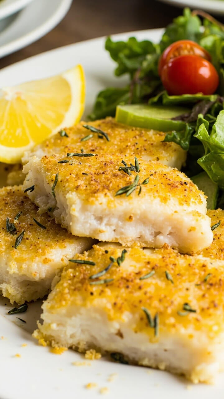 Baked cod fillets topped with a golden, crumbly parmesan crust, garnished with thyme sprigs, served on a white platter with lemon wedges and a green side salad.