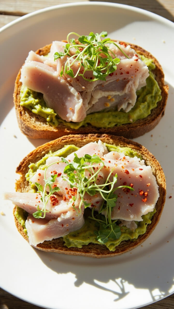 Two slices of crusty toasted sourdough spread with mashed avocado, topped with flaked tuna and a sprinkle of chili flakes and microgreens, on a white stoneware plate.