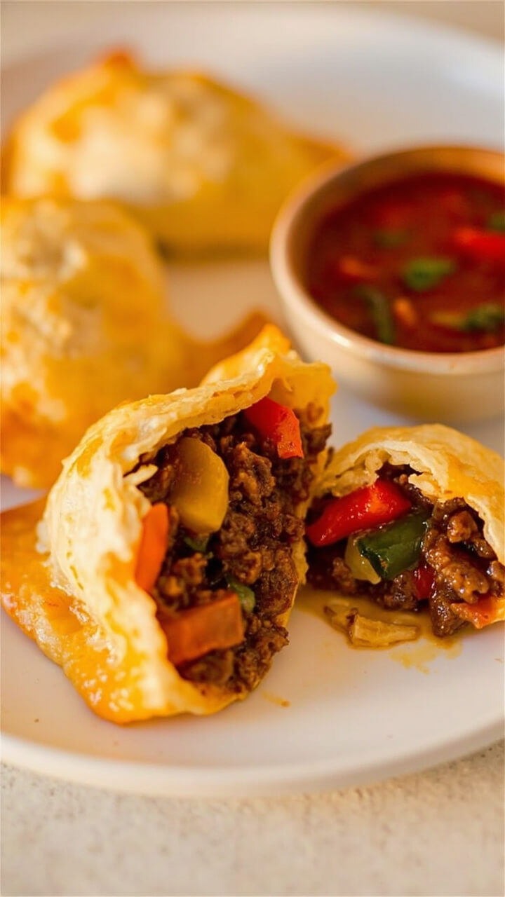 Golden baked empanadas on a white plate, with one cut open showing juicy minced skirt steak, onions, and peppers inside. A small bowl of salsa on the side. Golden baked empanadas on a white plate, with one cut open showing juicy minced skirt steak, onions, and peppers inside. A small bowl of salsa on the side.