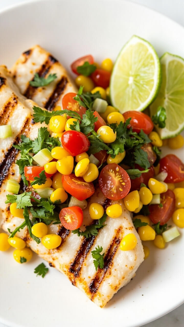 Char-marked cod fillet on a white plate, topped with a chunky salsa of yellow corn, red cherry tomatoes, green scallions, and cilantro, lime wedges on the side.
