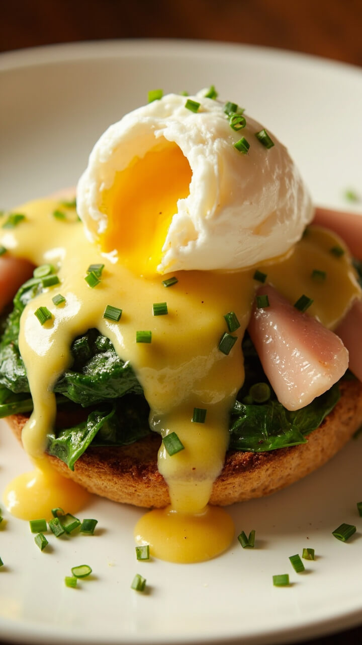 An English muffin half topped with wilted spinach, poached egg, pink langostino tails, all covered in golden Hollandaise sauce and chives, served on a white breakfast plate.