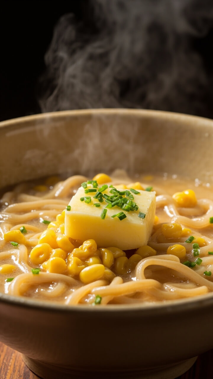 A large beige bowl with clear ramen broth, swirls of noodles, a mound of bright yellow sweet corn topping, and a thick pat of butter melting on top, sprinkled with chopped chives.