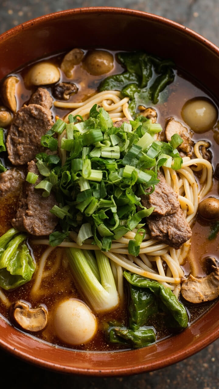 Broth swirling with noodles, slices of medium-rare beef, bright green bok choy, a scatter of mushrooms, and a sprinkle of scallions in a large, deep bowl. Broth swirling with noodles, slices of medium-rare beef, bright green bok choy, a scatter of mushrooms, and a sprinkle of scallions in a large, deep bowl.