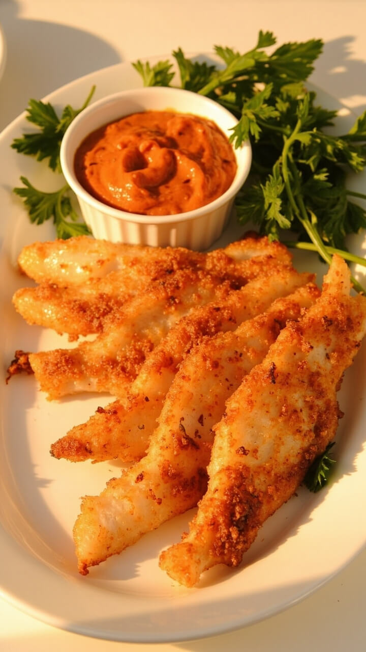 Golden catfish fillets with a reddish-tinted crust, fanned out on a white platter, with a bowl of Cajun remoulade and sprigs of parsley. Golden catfish fillets with a reddish-tinted crust, fanned out on a white platter, with a bowl of Cajun remoulade and sprigs of parsley.