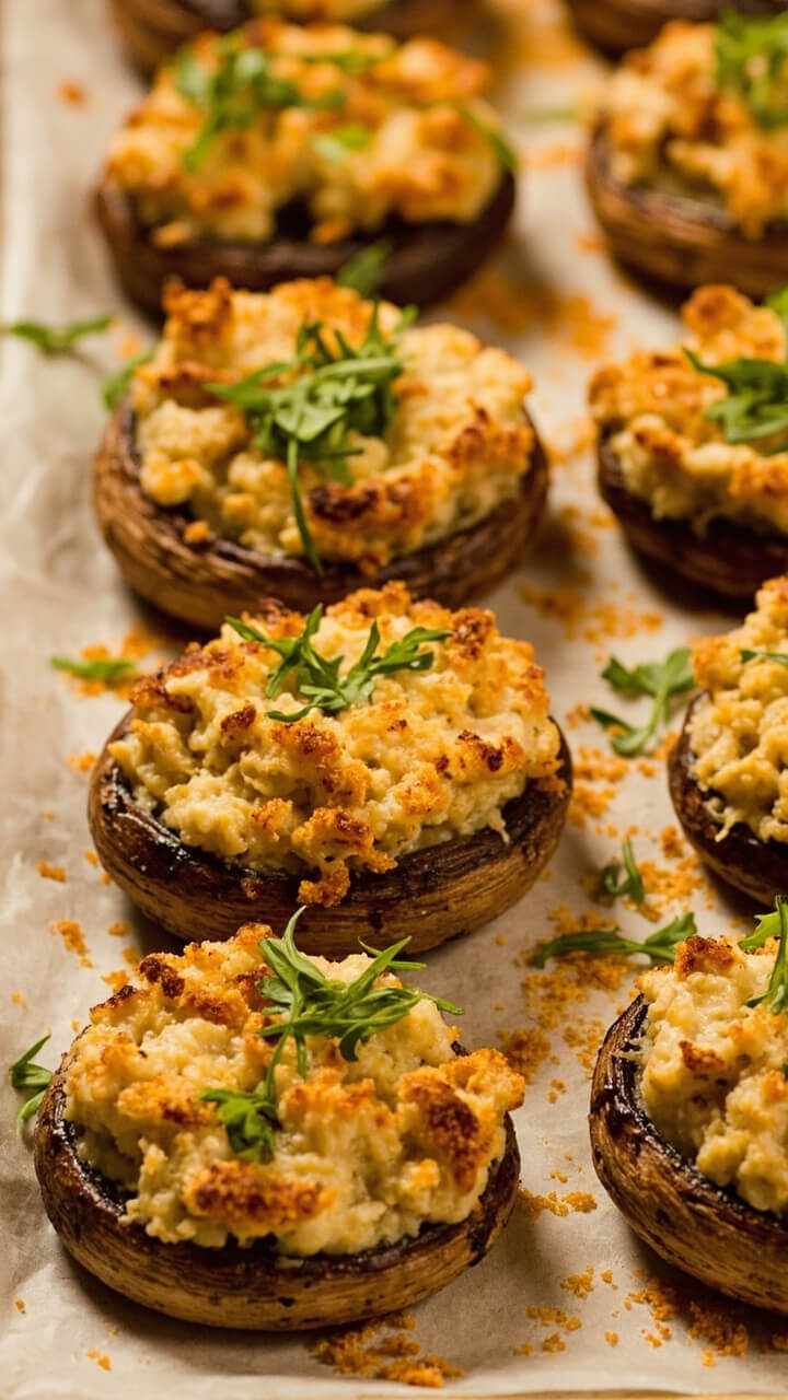 Plump mushroom caps stuffed and browned, filled with creamy seafood mix, sprinkled with golden breadcrumbs and fresh parsley, arranged in rows on a parchment-lined baking sheet. Plump mushroom caps stuffed and browned, filled with creamy seafood mix, sprinkled with golden breadcrumbs and fresh parsley, arranged in rows on a parchment-lined baking sheet.