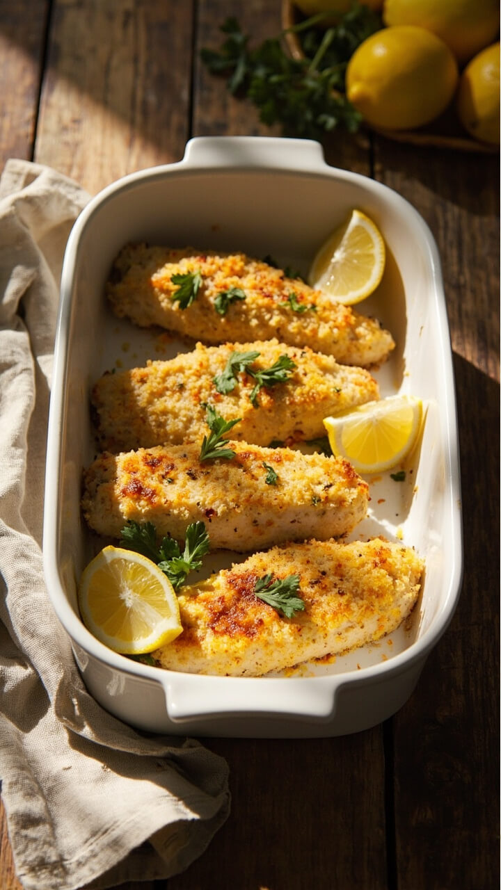 A white oval ceramic baking dish holds golden cornmeal-crusted catfish fillets, sprinkled with parsley, with lemon wedges along the rim. The fish looks crisp on top and flaky at the edges, set on a rustic wooden table with a folded linen napkin. A white oval ceramic baking dish holds golden cornmeal-crusted catfish fillets, sprinkled with parsley, with lemon wedges along the rim. The fish looks crisp on top and flaky at the edges, set on a rustic wooden table with a folded linen napkin.