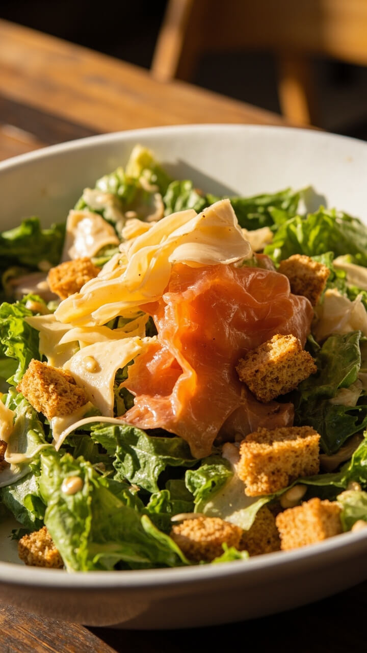 Torn romaine lettuce in a wide shallow bowl, tossed with Caesar dressing, golden croutons, shaved parmesan, and generous ribbons of smoked salmon.