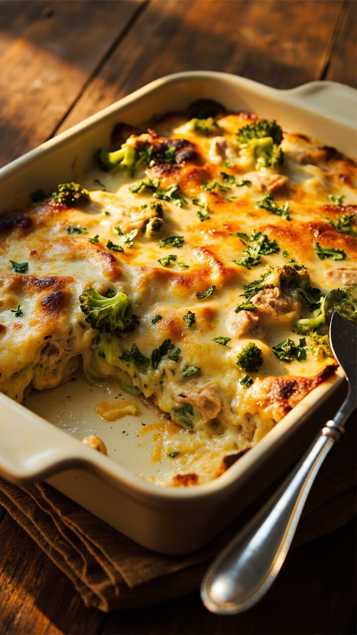 A rectangular baking dish filled with bubbling, golden-topped cheese, broccoli florets, and visible chunks of tuna. A few flecks of parsley add holiday color, and a serving spatula rests at the side. A rectangular baking dish filled with bubbling, golden-topped cheese, broccoli florets, and visible chunks of tuna. A few flecks of parsley add holiday color, and a serving spatula rests at the side.