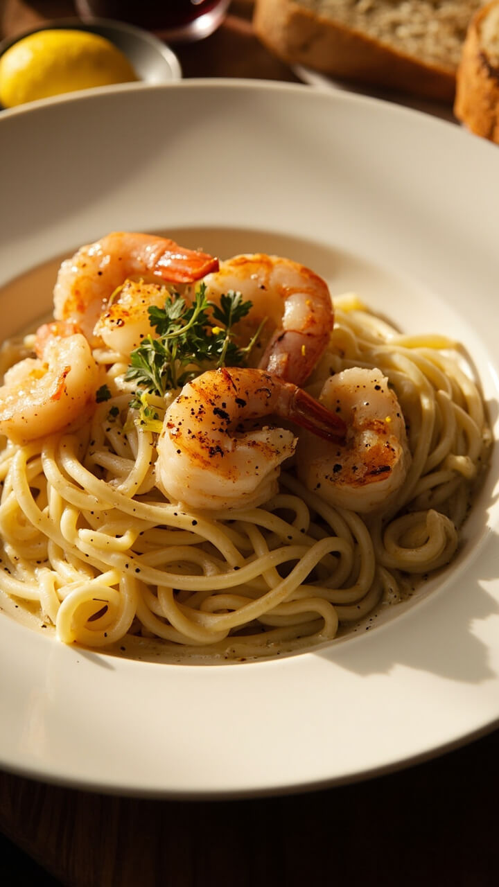 A generous swirl of fettuccine on a wide white plate, coated in a silky cream sauce with plump shrimp and golden-seared scallops on top. Lemon zest and chopped parsley are scattered over, with cracked black pepper and a wedge of lemon on the side. A rustic bread slice sits nearby for dipping.