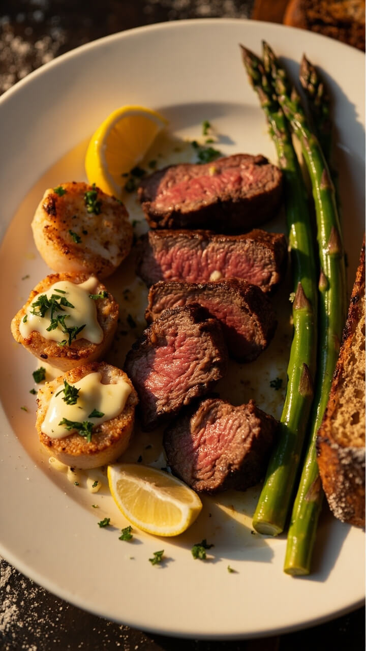 A wide dinner plate with medium-rare steak slices fanned out beside three golden-brown scallops, all topped with melting garlic herb butter and a scattering of chopped parsley. Lemon wedges and roasted asparagus spears sit on the side, with a slice of rustic bread peeking in. A wide dinner plate with medium-rare steak slices fanned out beside three golden-brown scallops, all topped with melting garlic herb butter and a scattering of chopped parsley. Lemon wedges and roasted asparagus spears sit on the side, with a slice of rustic bread peeking in.