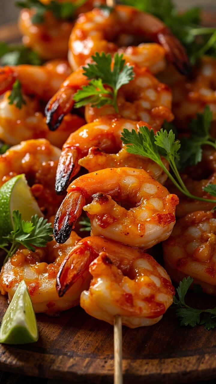 Shrimp skewers brushed with a glossy, orange-tinted chili lime marinade, grilled and arranged on a platter with lime wedges and fresh cilantro sprigs. Shrimp skewers brushed with a glossy, orange-tinted chili lime marinade, grilled and arranged on a platter with lime wedges and fresh cilantro sprigs.