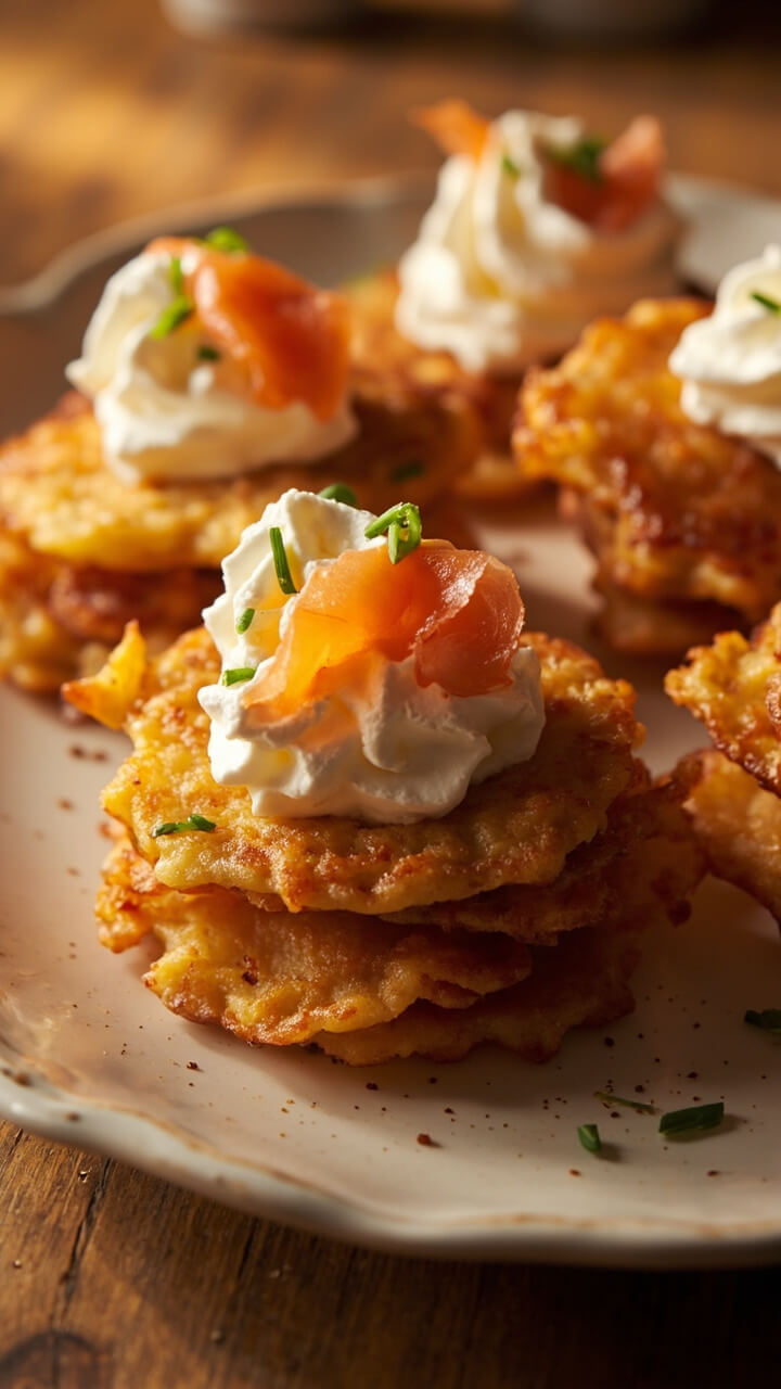 Golden, crisp potato latkes stacked on a platter, each topped with whipped sour cream, a twirl of smoked salmon, and fresh chives.
