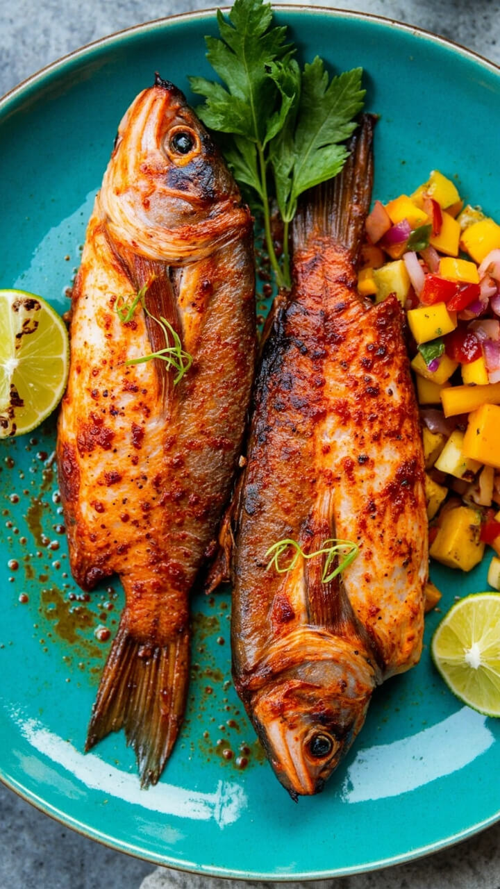 Two whole snapper fillets, tinged with red spices and flecked with lime zest, served on a broad turquoise plate. Beside them, a pile of colorful mango salsa and a wedge of charred lime. Two whole snapper fillets, tinged with red spices and flecked with lime zest, served on a broad turquoise plate. Beside them, a pile of colorful mango salsa and a wedge of charred lime.