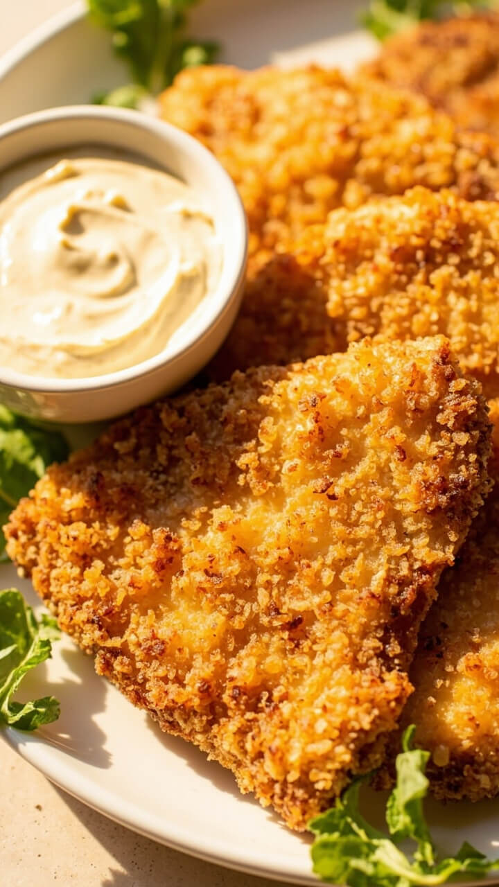 Catfish fillets in a shallow bowl with a crunchy, golden panko coating, served alongside a creamy dipping sauce. A few fresh baby greens are scattered around for color on a white dinner plate.