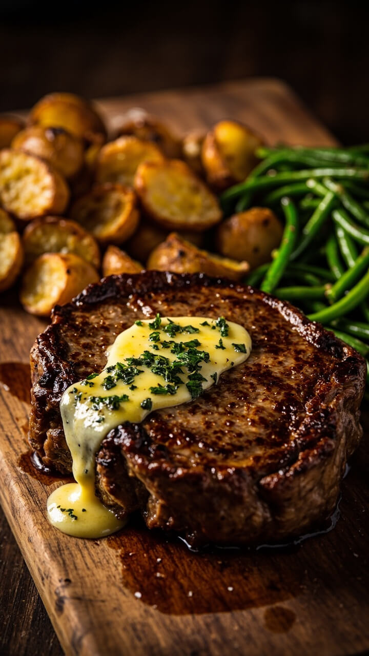 A thick, juicy ribeye steak resting on a wooden board, drizzled with melted herb butter dotted with chopped parsley and roasted garlic, served with a side of roasted potatoes and bright green beans. A thick, juicy ribeye steak resting on a wooden board, drizzled with melted herb butter dotted with chopped parsley and roasted garlic, served with a side of roasted potatoes and bright green beans.