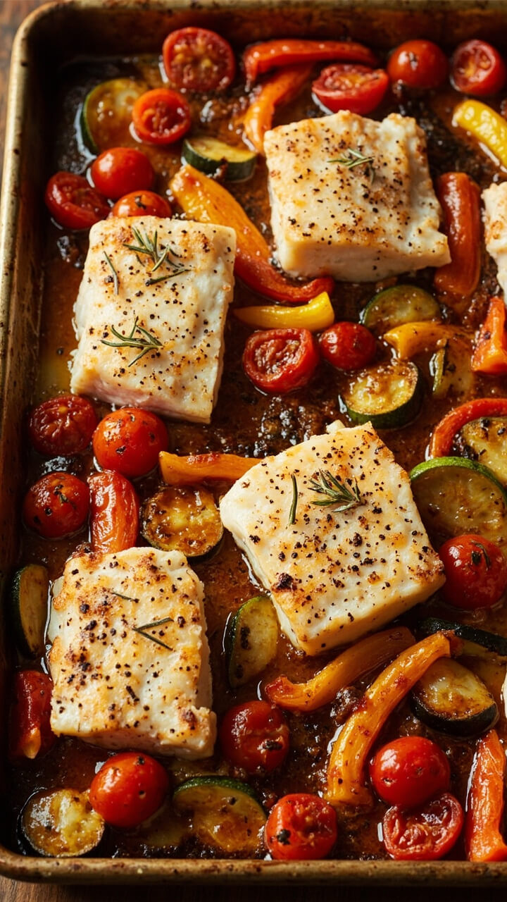 A rimmed sheet pan loaded with roasted cod fillets surrounded by colorful veggies—cherry tomatoes, bell pepper strips, and zucchini rounds. The vegetables are caramelized and the fish is dusted with cracked black pepper and fresh herbs. All is served right from the pan.