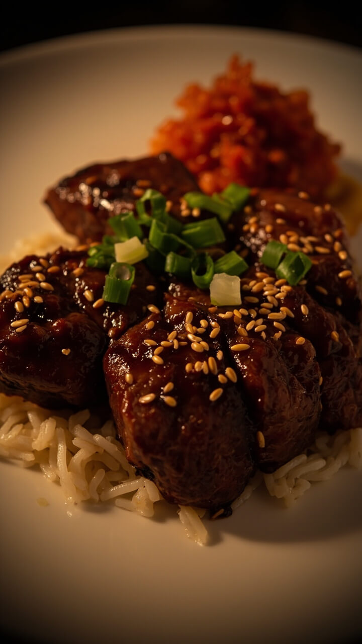 Skirt steak slices glistening with dark, sticky marinade are arranged neatly over a small mound of steamed rice and topped with a sprinkle of sesame seeds and green onions. A side of bright red kimchi completes the look. Skirt steak slices glistening with dark, sticky marinade are arranged neatly over a small mound of steamed rice and topped with a sprinkle of sesame seeds and green onions. A side of bright red kimchi completes the look.
