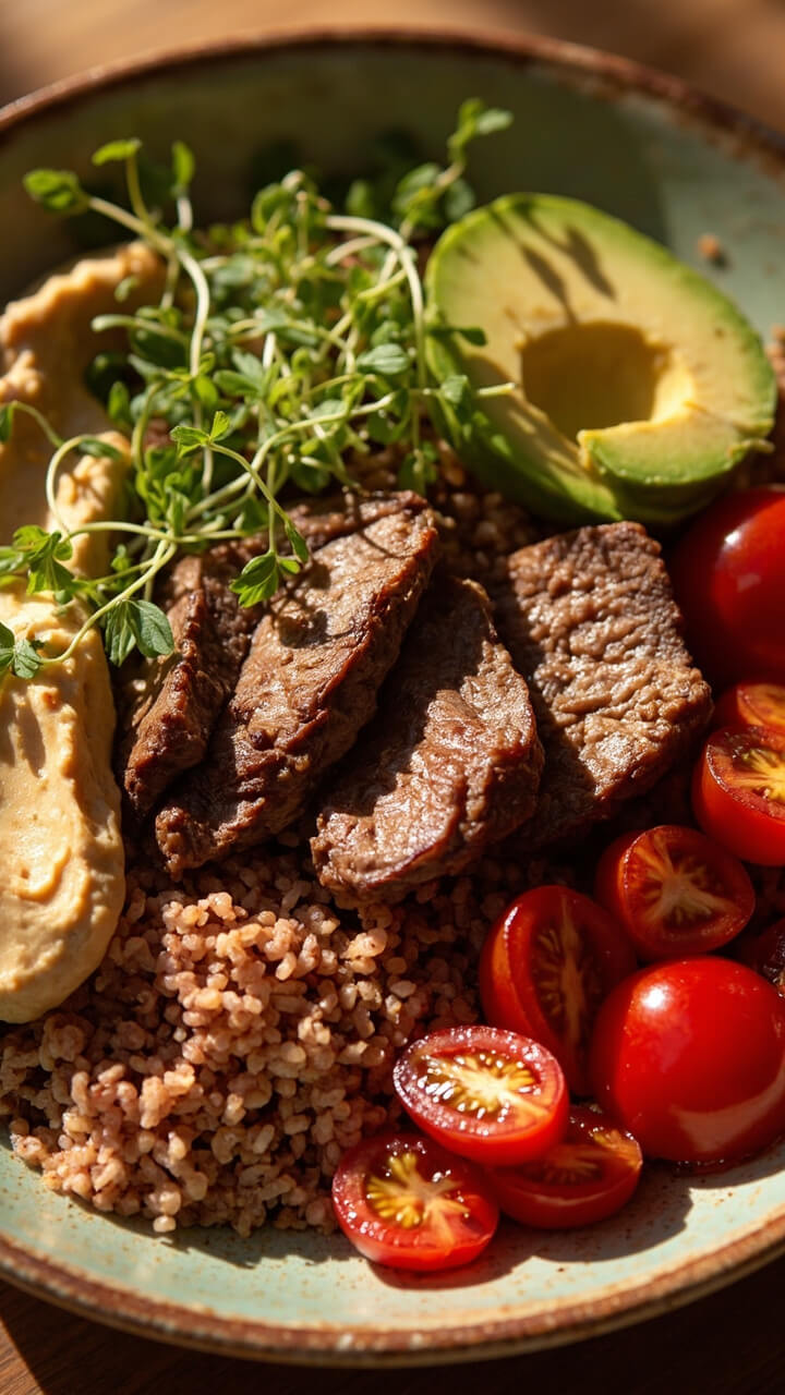 Colorful grain bowls with a scoop of red quinoa, sliced sirloin steak, cherry tomatoes, avocado, and a spoonful of hummus, garnished with microgreens. Colorful grain bowls with a scoop of red quinoa, sliced sirloin steak, cherry tomatoes, avocado, and a spoonful of hummus, garnished with microgreens.