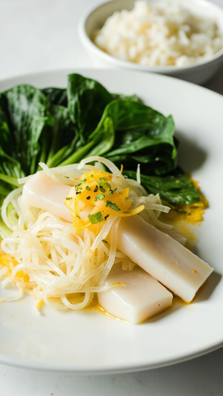 Delicate halibut fillets on a shallow round white plate, topped with thin strips of fresh ginger and bright lime zest, steamed bok choy arranged artistically beside. Fluffy white rice in a small bowl off to the side. Delicate halibut fillets on a shallow round white plate, topped with thin strips of fresh ginger and bright lime zest, steamed bok choy arranged artistically beside. Fluffy white rice in a small bowl off to the side.