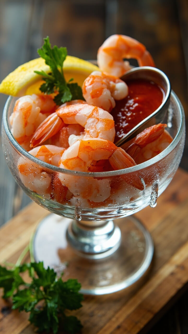 A footed glass bowl heaped with plump pink shrimp, a wedge of lemon, nestled around a scoop of deep red cocktail sauce, and a scatter of fresh parsley. Chilled glasses with condensation and a rustic wood board underneath. A footed glass bowl heaped with plump pink shrimp, a wedge of lemon, nestled around a scoop of deep red cocktail sauce, and a scatter of fresh parsley. Chilled glasses with condensation and a rustic wood board underneath.