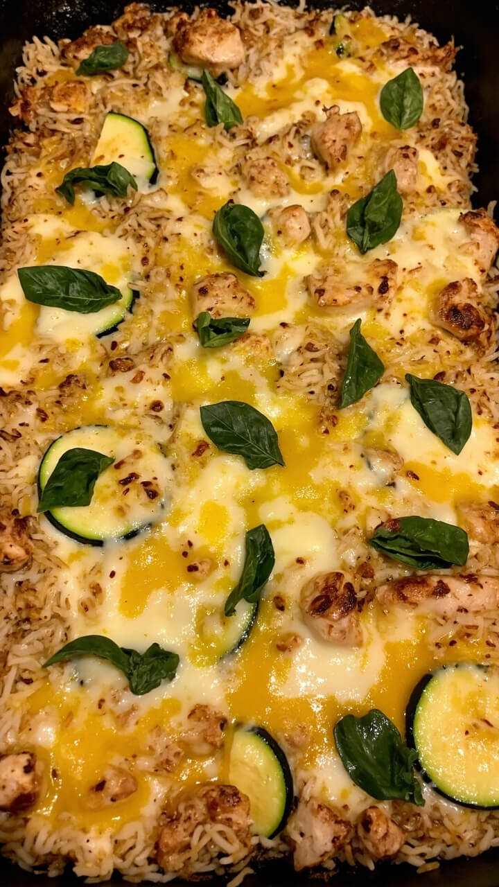 A rectangular baking dish filled with fluffy rice, chopped chicken, zucchini, and a layer of melted mozzarella and a sprinkle of fresh basil.
