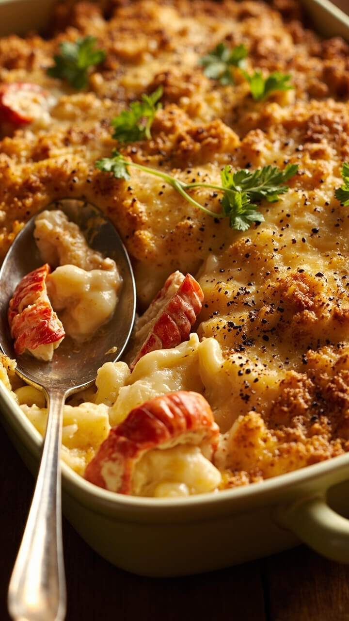 A bubbling casserole dish filled with creamy macaroni, large lobster chunks visible under a golden-brown crispy breadcrumb and Gruyère cheese topping, served with a large spoon. The top is scattered with fresh parsley and cracked pepper. A bubbling casserole dish filled with creamy macaroni, large lobster chunks visible under a golden-brown crispy breadcrumb and Gruyère cheese topping, served with a large spoon. The top is scattered with fresh parsley and cracked pepper.