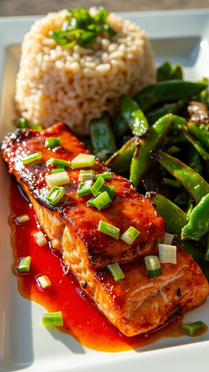 Deep reddish-orange glazed salmon sits on a white tray, drizzled with extra sriracha sauce and garnished with sliced green onions. A scoop of jasmine rice and sautéed snap peas share the plate. Deep reddish-orange glazed salmon sits on a white tray, drizzled with extra sriracha sauce and garnished with sliced green onions. A scoop of jasmine rice and sautéed snap peas share the plate.