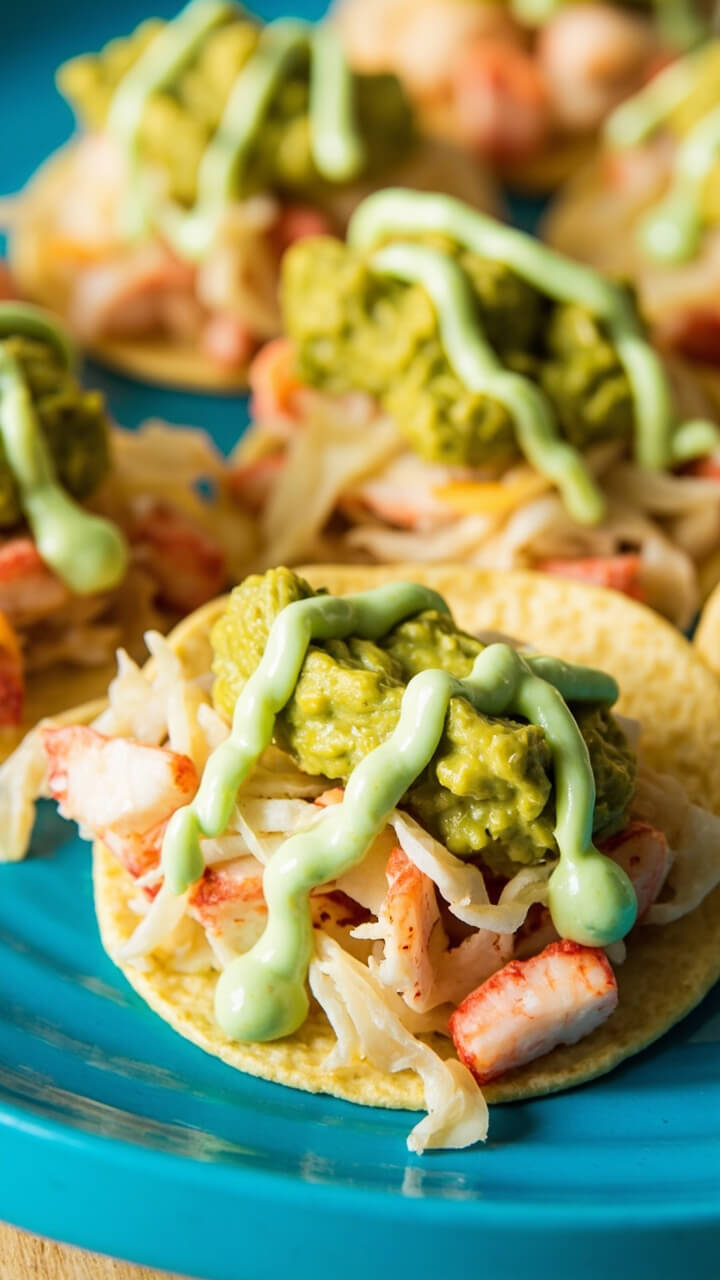 Mini soft corn tortillas filled with lobster chunks, topped with creamy avocado slaw and drizzles of pale green lime crema, neatly arranged on a festive blue platter. Mini soft corn tortillas filled with lobster chunks, topped with creamy avocado slaw and drizzles of pale green lime crema, neatly arranged on a festive blue platter.