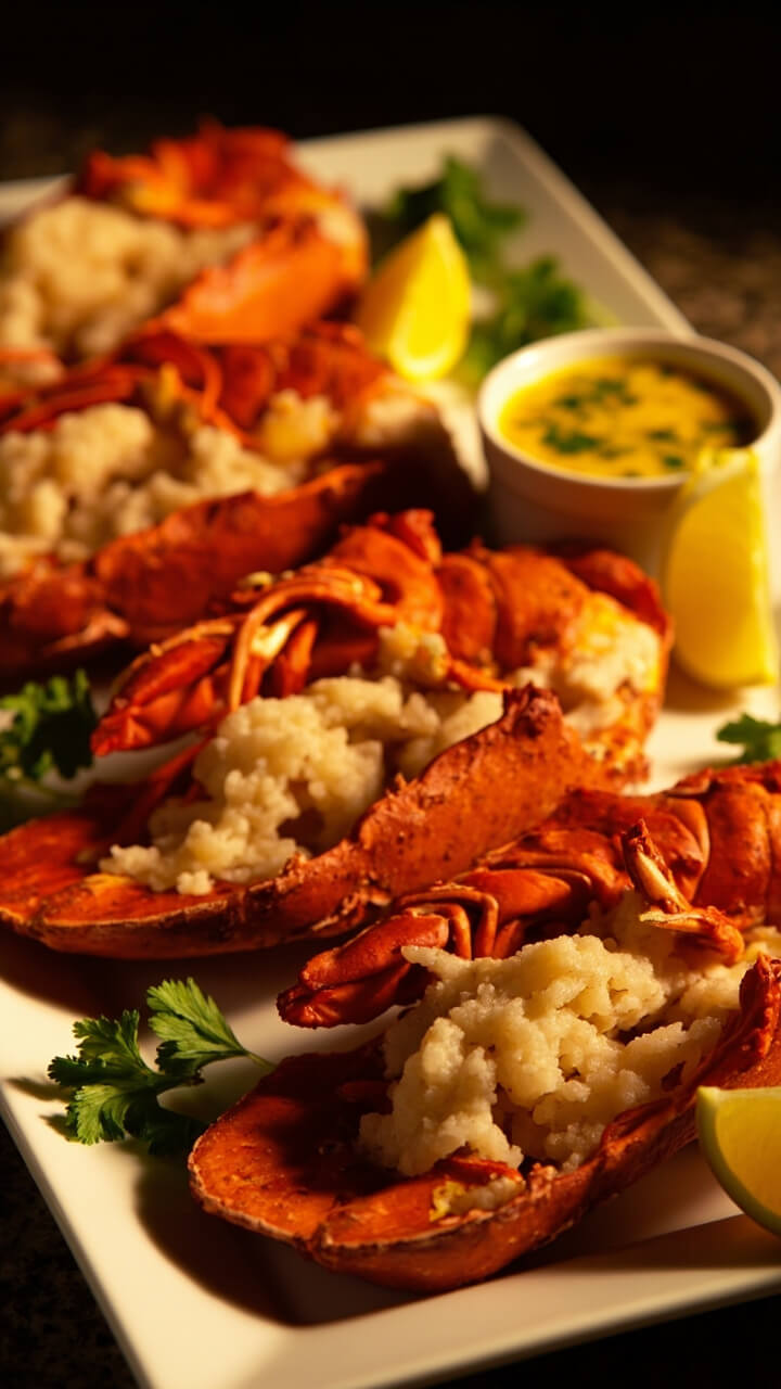 Four golden-brown lobster tails, split open and fanned out on a white platter, garnished with sprigs of parsley and lemon wedges, with melted herb butter in a ramekin alongside. The lobster is glistening from the broiler, with crispy edges and bright red shells. Four golden-brown lobster tails, split open and fanned out on a white platter, garnished with sprigs of parsley and lemon wedges, with melted herb butter in a ramekin alongside. The lobster is glistening from the broiler, with crispy edges and bright red shells.
